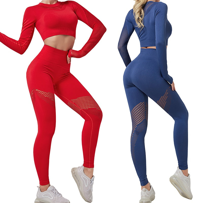Women Seamless Yoga Set Gym Clothing Fitness Leggings Cropped Shirts Sport Suit Women Long Sleeve Tracksuit Active Wear