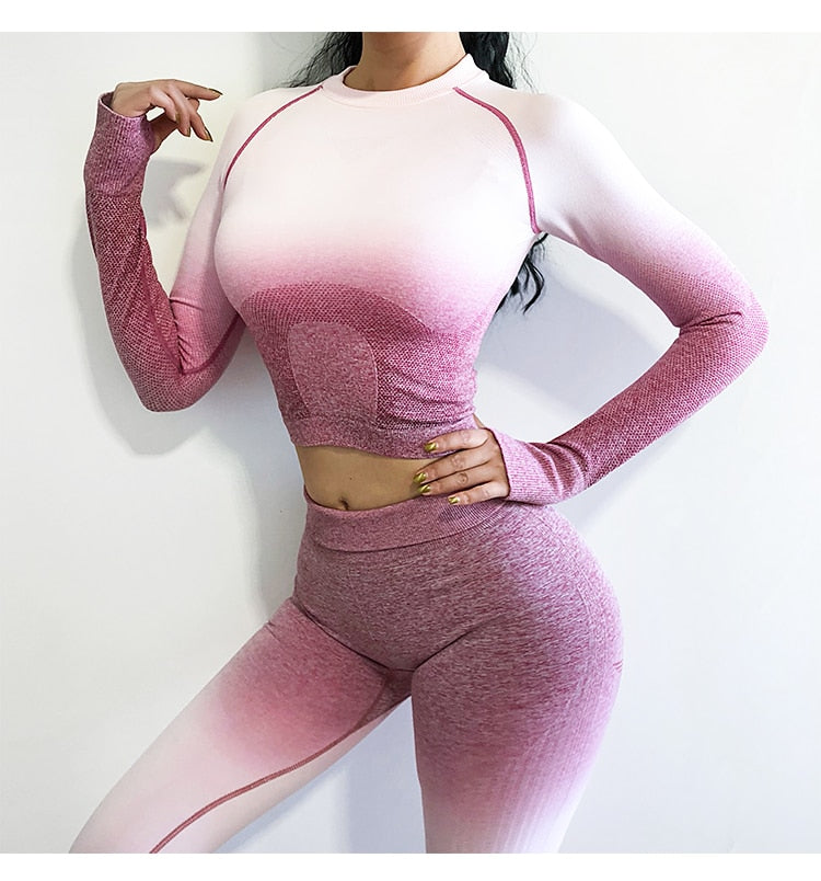 2PCS Yoga Set Women Long Sleeve Crop Tops And High Waisted Tummy Control Sport Leggings Gym Clothing Ombre Seamless Sport Suit