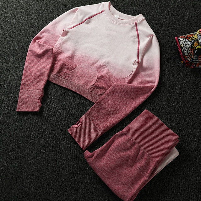 2PCS Yoga Set Women Long Sleeve Crop Tops And High Waisted Tummy Control Sport Leggings Gym Clothing Ombre Seamless Sport Suit