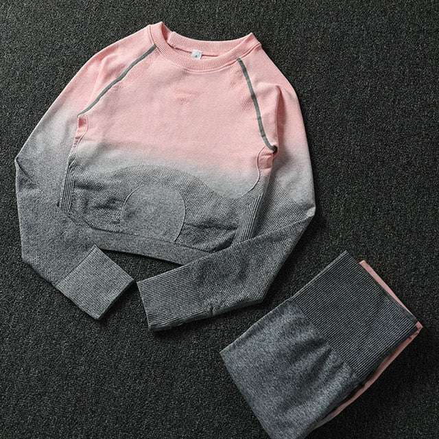 2PCS Yoga Set Women Long Sleeve Crop Tops And High Waisted Tummy Control Sport Leggings Gym Clothing Ombre Seamless Sport Suit