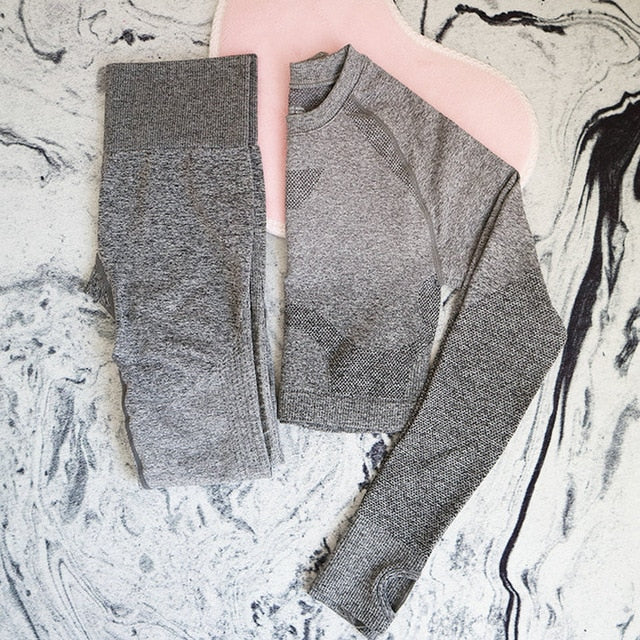 2PCS Yoga Set Women Long Sleeve Crop Tops And High Waisted Tummy Control Sport Leggings Gym Clothing Ombre Seamless Sport Suit