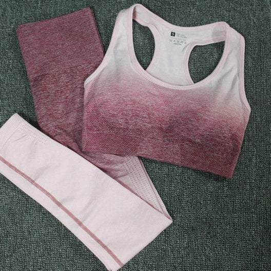 2PCS Yoga Set Women Long Sleeve Crop Tops And High Waisted Tummy Control Sport Leggings Gym Clothing Ombre Seamless Sport Suit