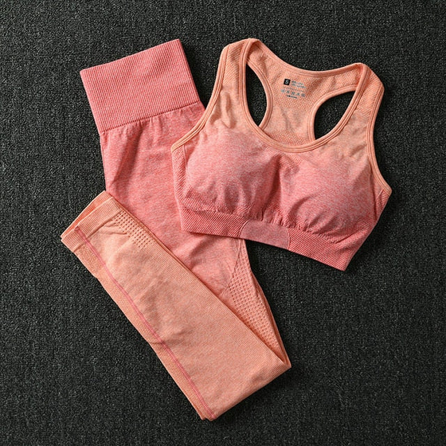 2PCS Yoga Set Women Long Sleeve Crop Tops And High Waisted Tummy Control Sport Leggings Gym Clothing Ombre Seamless Sport Suit