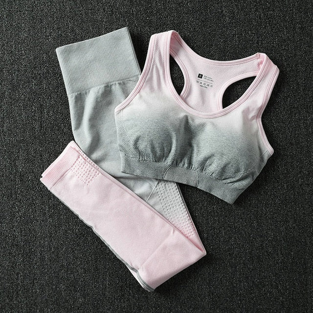 2PCS Yoga Set Women Long Sleeve Crop Tops And High Waisted Tummy Control Sport Leggings Gym Clothing Ombre Seamless Sport Suit