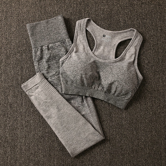 2PCS Yoga Set Women Long Sleeve Crop Tops And High Waisted Tummy Control Sport Leggings Gym Clothing Ombre Seamless Sport Suit