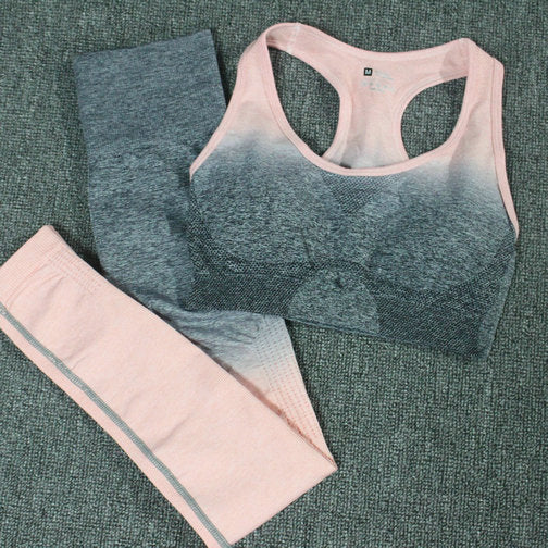 2PCS Yoga Set Women Long Sleeve Crop Tops And High Waisted Tummy Control Sport Leggings Gym Clothing Ombre Seamless Sport Suit