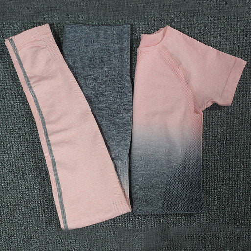 2PCS Yoga Set Women Long Sleeve Crop Tops And High Waisted Tummy Control Sport Leggings Gym Clothing Ombre Seamless Sport Suit