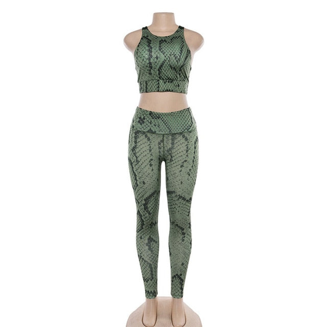 IWUPARTY 2 Piece Snake Print Yoga Set Women Crisscross Back Sportwear Gym Clothing Fitness Leggings Workout Sports Suit Female