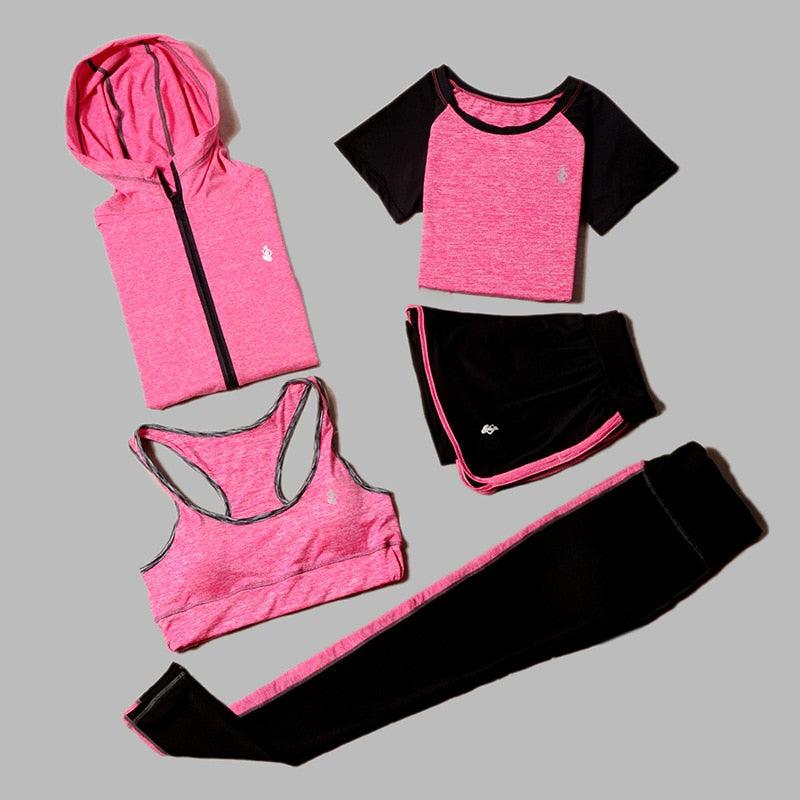 5 Piece Set Yoga For Women's Running Fitness T-Shirt Sports Bra Wear Fitness Clothing Women Training Set Sport Suit