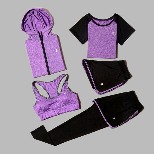 5 Piece Set Yoga For Women's Running Fitness T-Shirt Sports Bra Wear Fitness Clothing Women Training Set Sport Suit