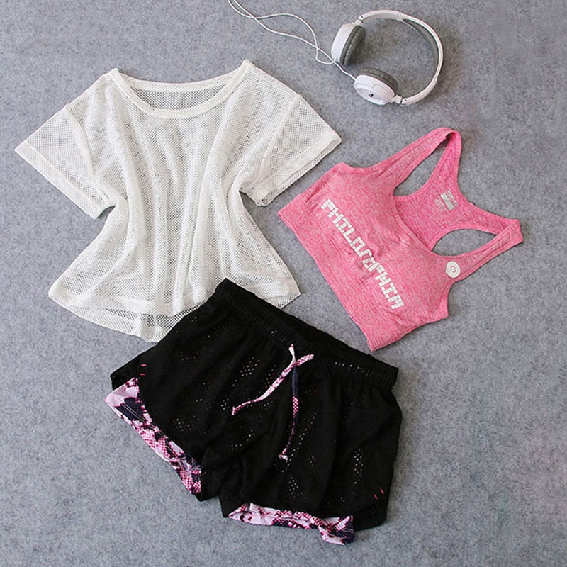 Sportswear 3 Piece Yoga Set Women Gym Cloth Sport Suit Shirt Top+Bra+Shorts Female Workout Athletic Running Fitness Clothing