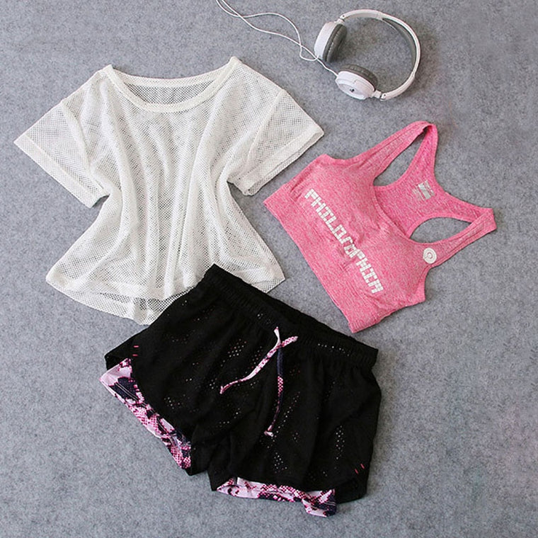 Sportswear 3 Piece Yoga Set Women Gym Cloth Sport Suit Shirt Top+Bra+Shorts Female Workout Athletic Running Fitness Clothing