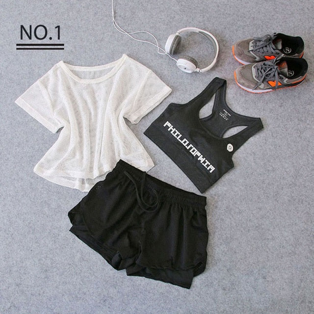 Sportswear 3 Piece Yoga Set Women Gym Cloth Sport Suit Shirt Top+Bra+Shorts Female Workout Athletic Running Fitness Clothing