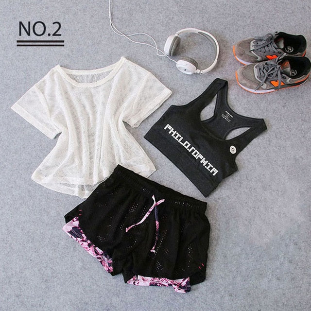 Sportswear 3 Piece Yoga Set Women Gym Cloth Sport Suit Shirt Top+Bra+Shorts Female Workout Athletic Running Fitness Clothing
