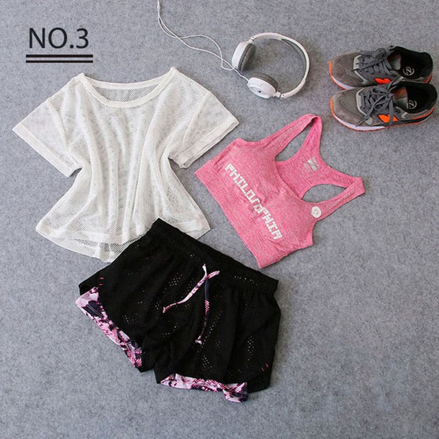 Sportswear 3 Piece Yoga Set Women Gym Cloth Sport Suit Shirt Top+Bra+Shorts Female Workout Athletic Running Fitness Clothing
