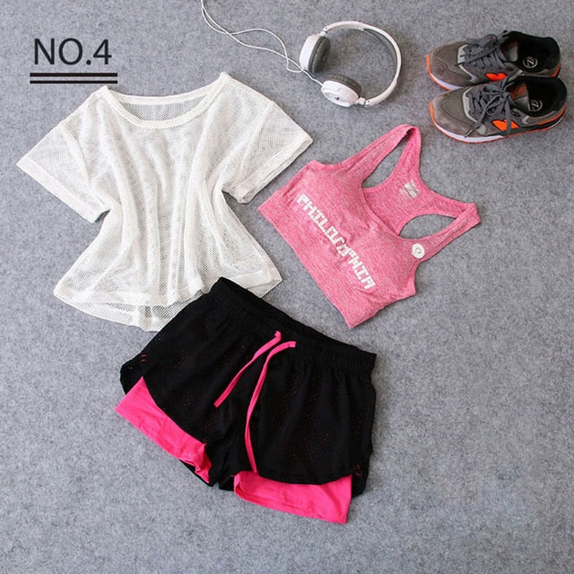Sportswear 3 Piece Yoga Set Women Gym Cloth Sport Suit Shirt Top+Bra+Shorts Female Workout Athletic Running Fitness Clothing