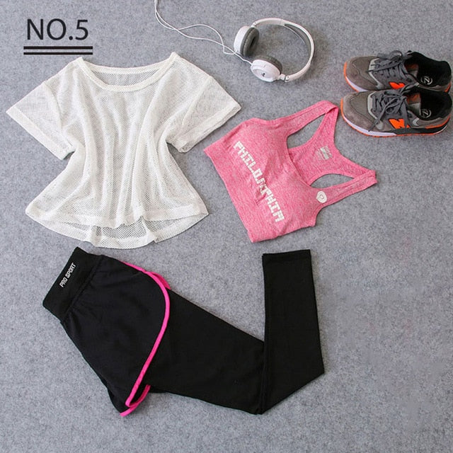 Sportswear 3 Piece Yoga Set Women Gym Cloth Sport Suit Shirt Top+Bra+Shorts Female Workout Athletic Running Fitness Clothing