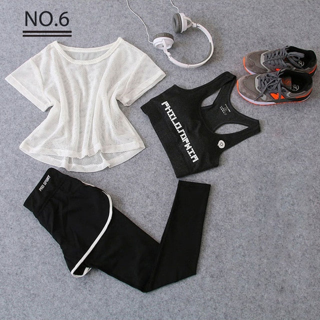 Sportswear 3 Piece Yoga Set Women Gym Cloth Sport Suit Shirt Top+Bra+Shorts Female Workout Athletic Running Fitness Clothing
