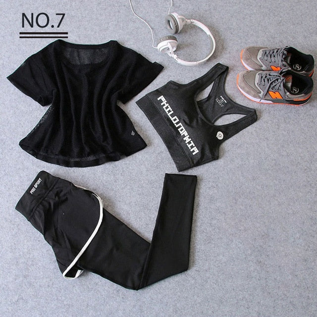 Sportswear 3 Piece Yoga Set Women Gym Cloth Sport Suit Shirt Top+Bra+Shorts Female Workout Athletic Running Fitness Clothing