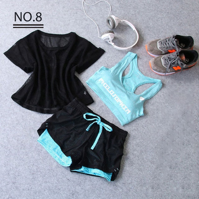 Sportswear 3 Piece Yoga Set Women Gym Cloth Sport Suit Shirt Top+Bra+Shorts Female Workout Athletic Running Fitness Clothing