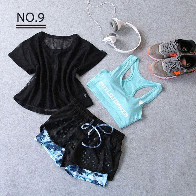 Sportswear 3 Piece Yoga Set Women Gym Cloth Sport Suit Shirt Top+Bra+Shorts Female Workout Athletic Running Fitness Clothing