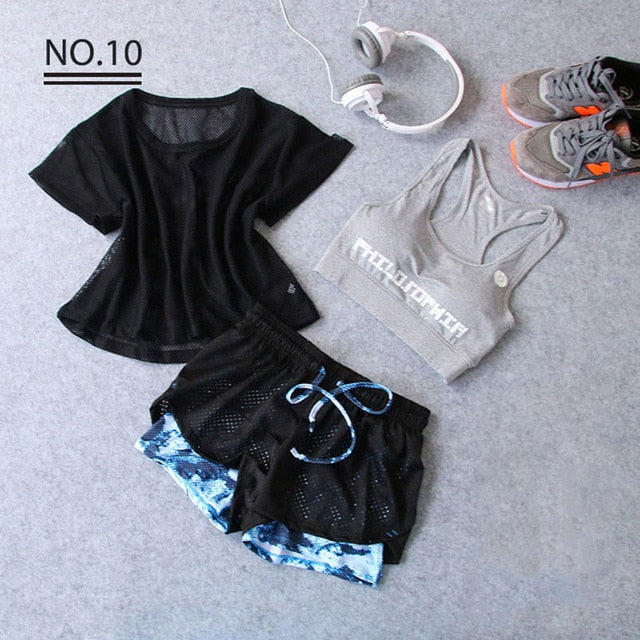 Sportswear 3 Piece Yoga Set Women Gym Cloth Sport Suit Shirt Top+Bra+Shorts Female Workout Athletic Running Fitness Clothing
