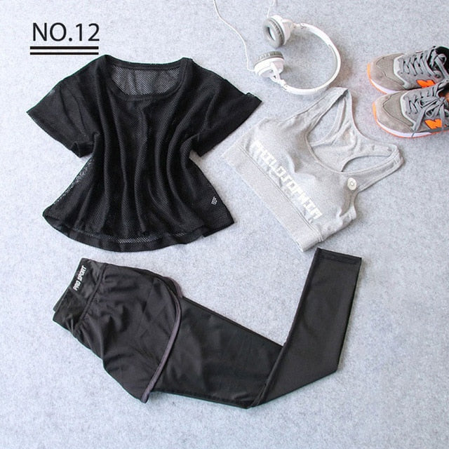 Sportswear 3 Piece Yoga Set Women Gym Cloth Sport Suit Shirt Top+Bra+Shorts Female Workout Athletic Running Fitness Clothing