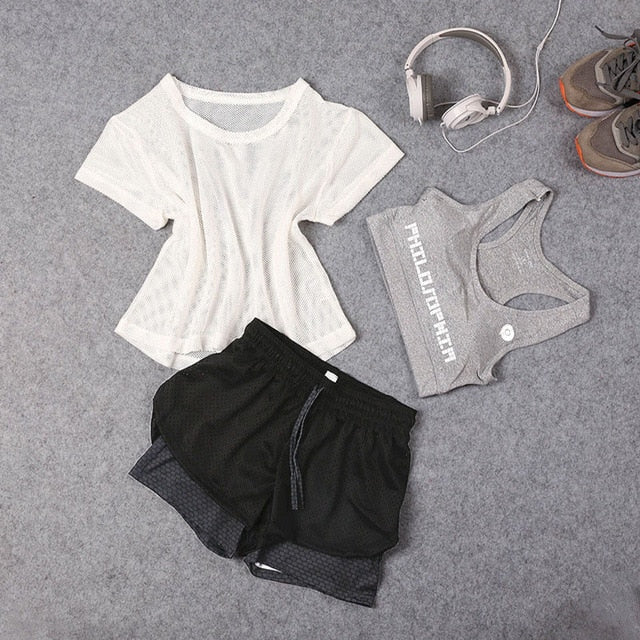 Sportswear 3 Piece Yoga Set Women Gym Cloth Sport Suit Shirt Top+Bra+Shorts Female Workout Athletic Running Fitness Clothing