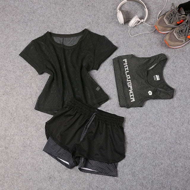 Sportswear 3 Piece Yoga Set Women Gym Cloth Sport Suit Shirt Top+Bra+Shorts Female Workout Athletic Running Fitness Clothing